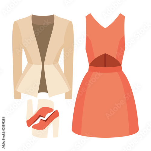 Set of trendy women's clothes with dress, jacket and accessories