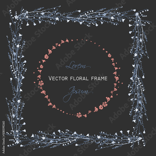 vector floral frame and wreath with hand drawn branch of flax