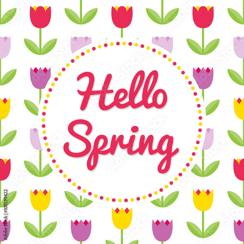 Vector spring background. Spring tulips and round frame. Vector card template. You can place your text in the center on white background.