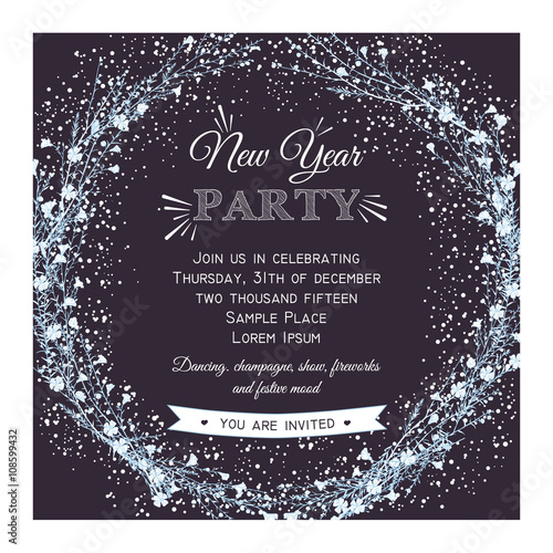 New Year Party invitation Card with Hand Drawn branch of flax