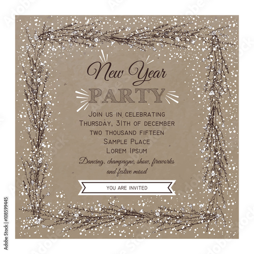 New Year Party invitation Card on kraft with Hand Drawn branch of flax