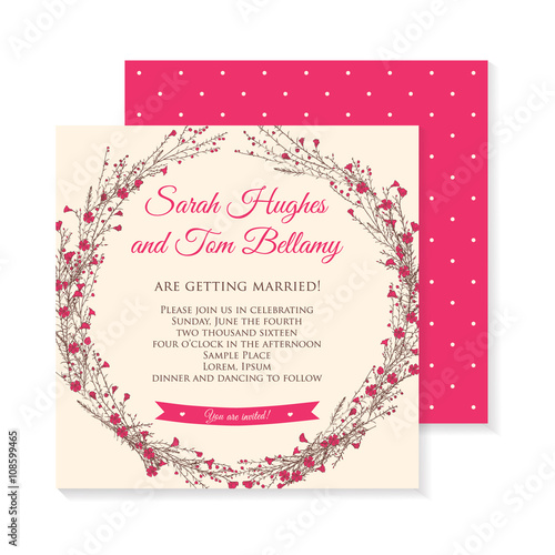 wedding invitation cards decorated with hand drawn branch of flax