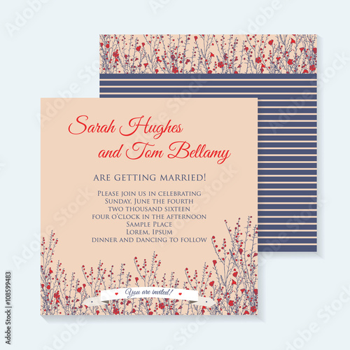 Wedding invitation set with striped background and hand drawn branch of flax