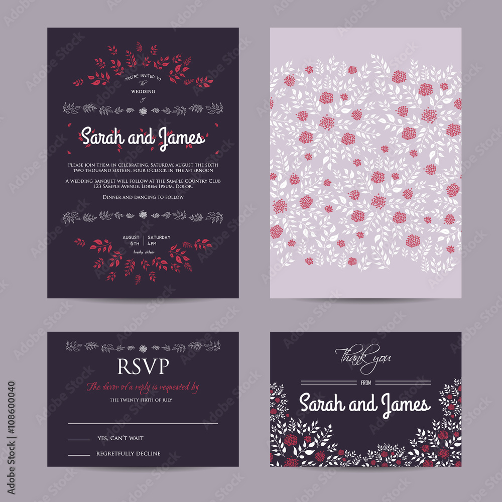 wedding floral set with invitation and rsvp cards