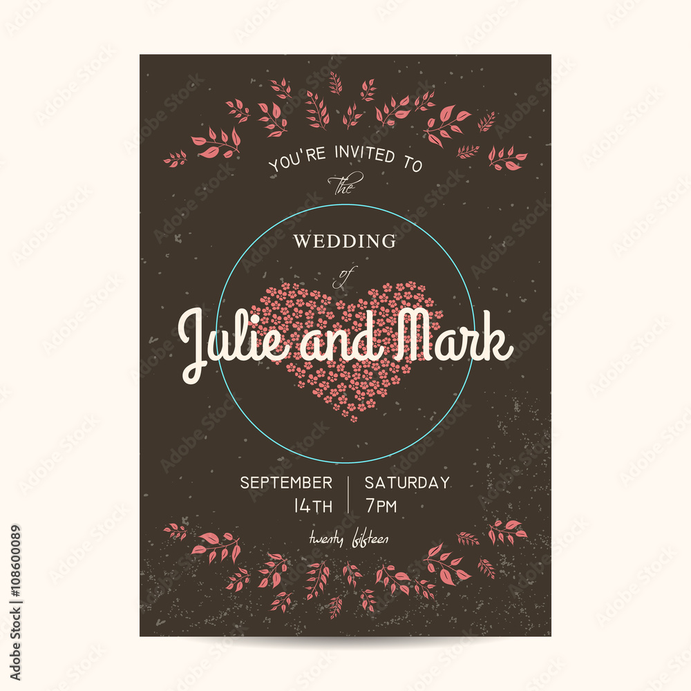 retro wedding floral invitation card