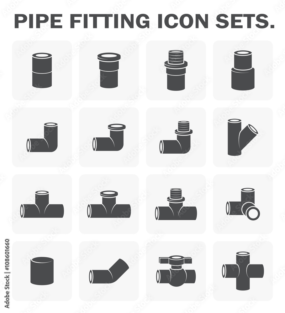 PVC or plastic pipe fitting vector icon. Include straight, nipple, reducer, elbow, tee, valve. For connection many size of tube pipe in pipeline for plumbing, drainage system, sewage and water supply. PVC or plastic pipe fitting vector icon. Include straight, nipple, reducer, elbow, tee, valve. For connection many size of tube pipe in pipeline for plumbing, drainage system, sewage and water supply.