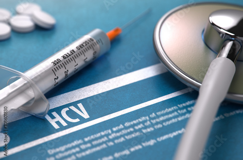 Diagnosis - HCV - Hepatitis C Virus. Medical Concept on Blue Background with Blurred Text and Composition of Pills, Syringe and Stethoscope. Selective Focus. 3D Render. photo
