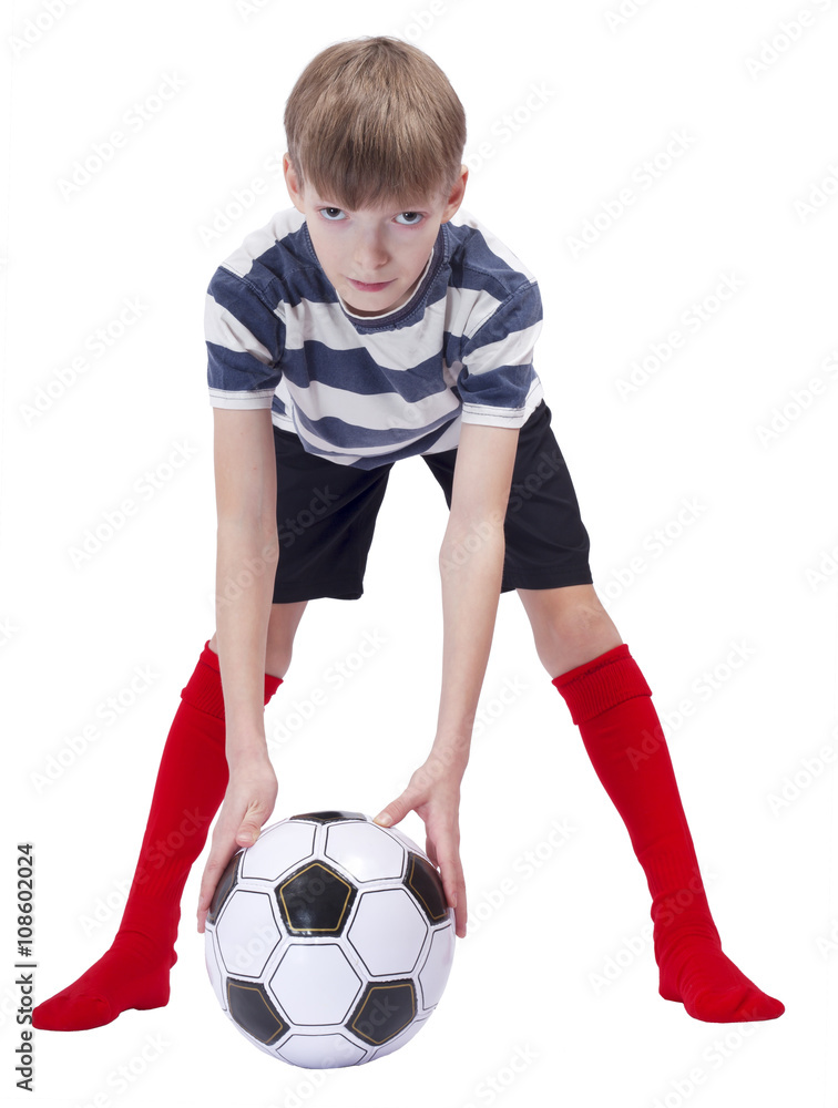 Young football player at striped t-shirt