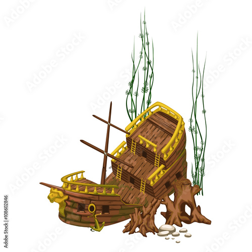 Broken old wooden ship surrounded by roots