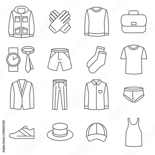 Mens clothes vector line icons set