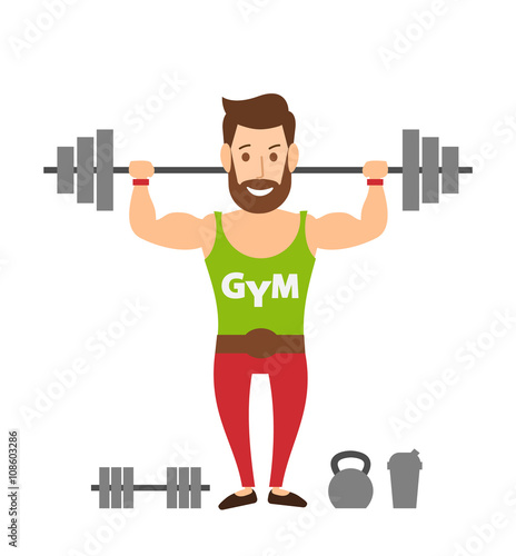 young bearded  man bodybuilder lifting barbell isolated on white background