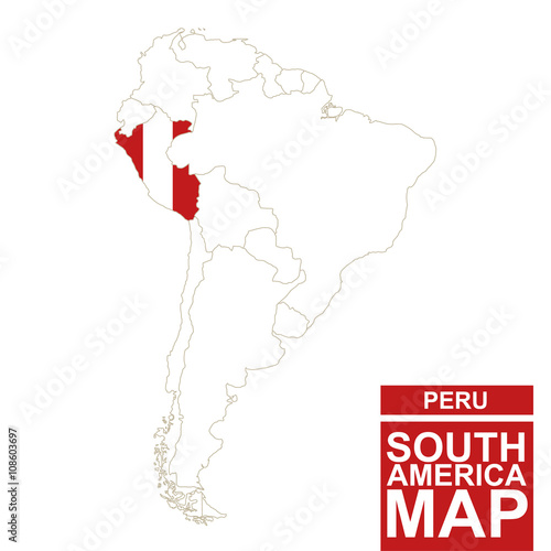 South America contoured map with highlighted Peru.