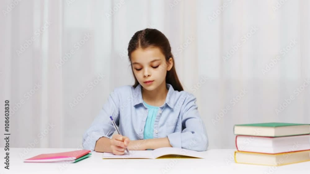 bored school girl with books and notepad at home bored school girl with books and notepad at home
