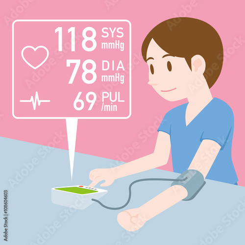 man who measures his blood pressure by electric manometer, medical and health care, vector illustration