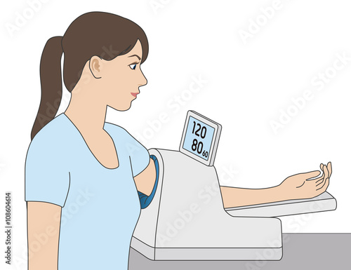 young woman who measures her blood pressure by electric sphygmomanometer, medical and health care, vector illustration