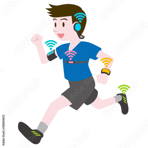 running man who wears various wearable devices, vital sign sensing and wireless communication, image illustration