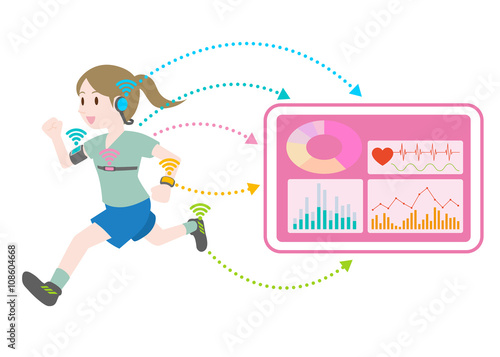 running woman who wears various wearable devices, vital sign sensing and wireless communication, image illustration