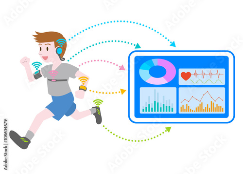 running man who wears various wearable devices, vital sign sensing and wireless communication, image illustration