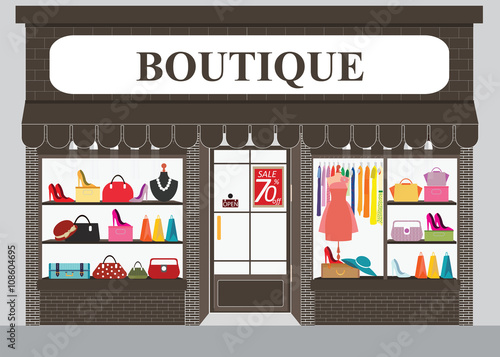 Clothing store building and interior with products on shelves.