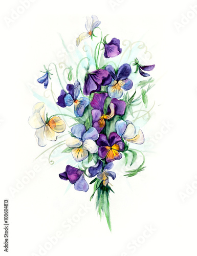 Bouquet violets. Flower backdrop. Watercolor hand drawn illustration
