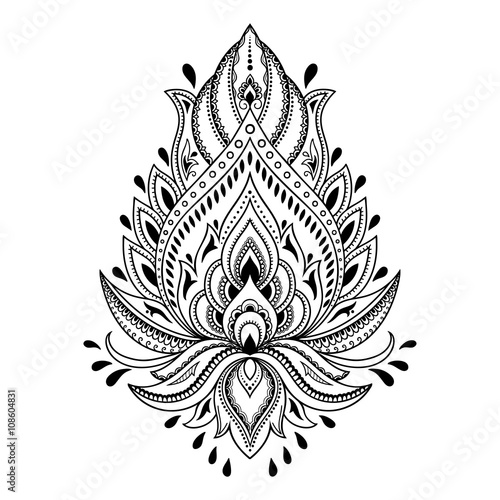 Henna tattoo flower template in Indian style. Ethnic  floral paisley - Lotus. Mehndi style.
