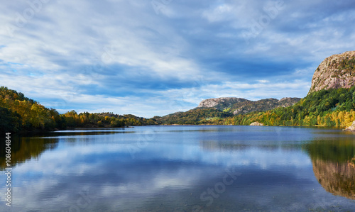 View over the very calm lake Eikelivatnet in the Stavanger area of southern Norway