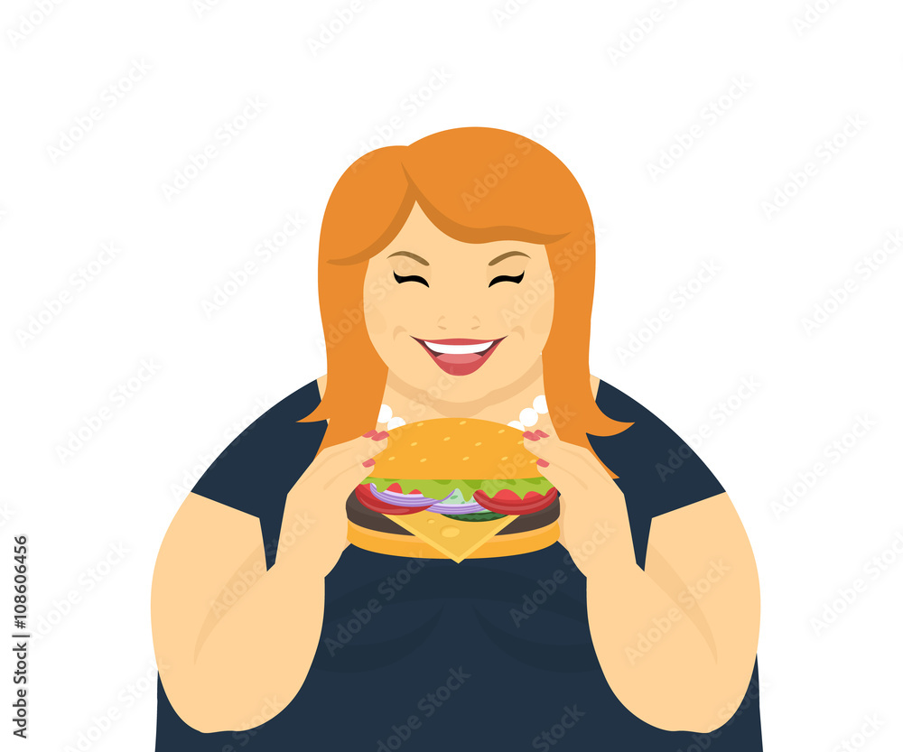 Happy fat woman eating a big tasty hamburger. Flat concept illustration of bad habits and people eating burgers and junk food isolated on white background Happy fat woman eating a big tasty hamburger. Flat concept illustration of bad habits and people eating burgers and junk food isolated on white background