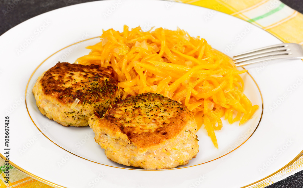 Cutlets from Salmon with Fresh Pumpkin Salad. Cutlets from Salmon with Fresh Pumpkin Salad.