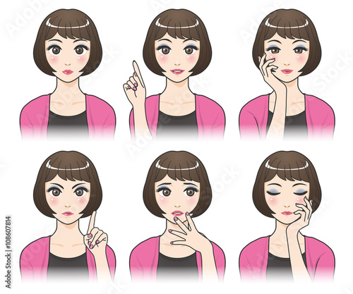 asian woman character set, various pose and expression, cartoon illustration like japanese animation, vector