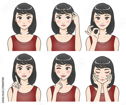 asian woman character set, various pose and expression, cartoon illustration like japanese animation, vector