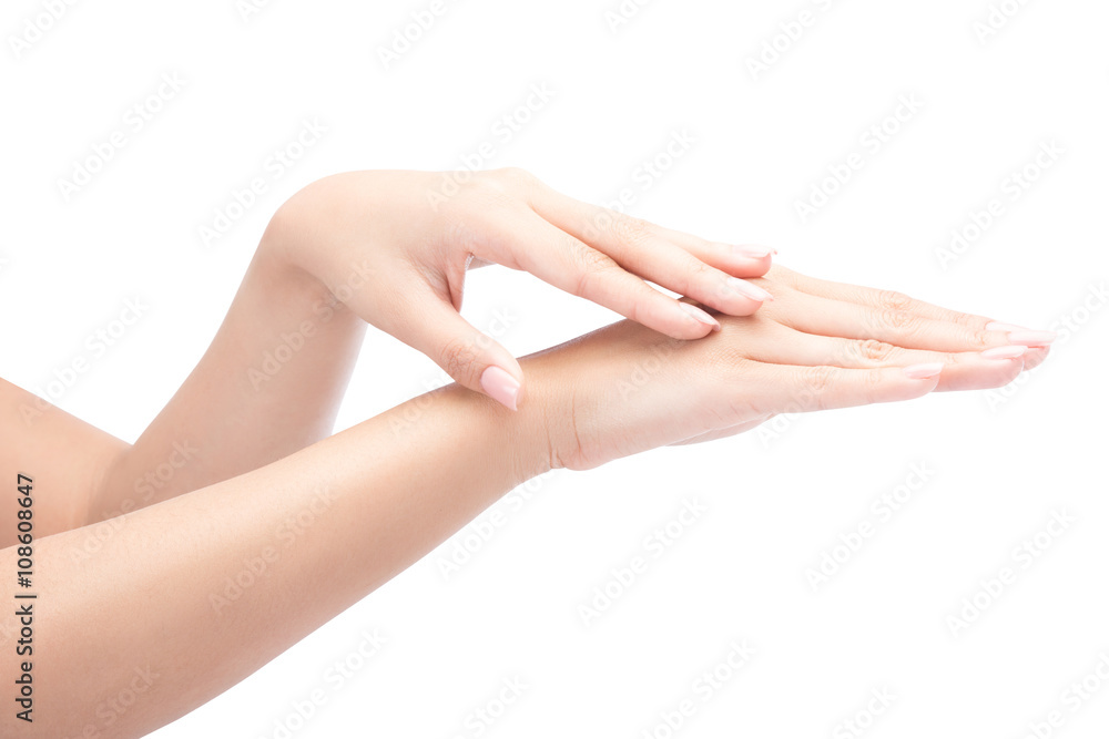 Beautiful women hands isolate, applying cream, massaging isolate