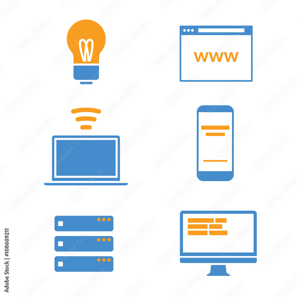 Technology icon collection with blue and orange color combination Stock