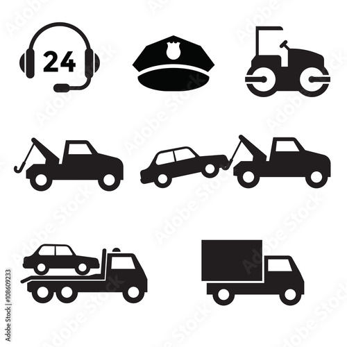 Towing car icon collection with black and flat design photo