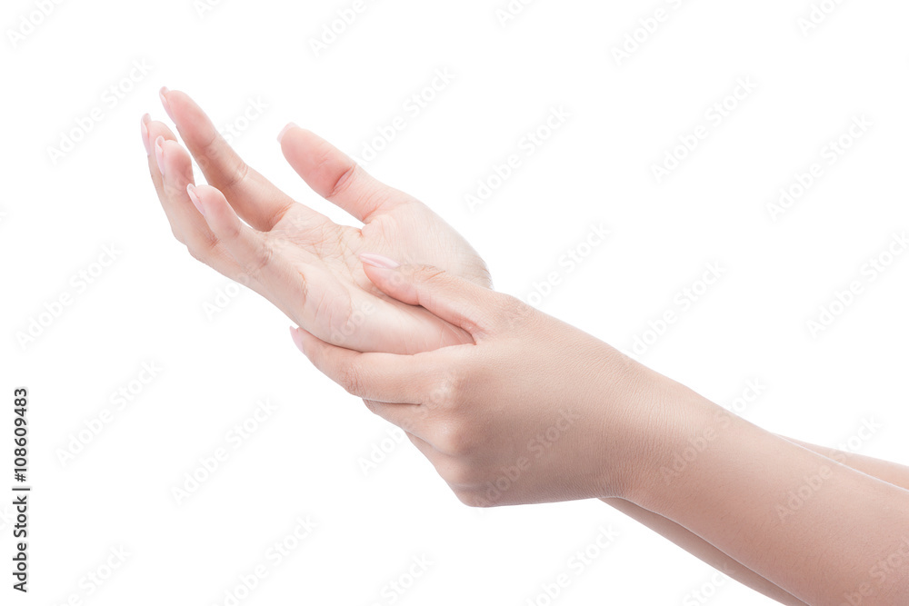 Acute pain in a woman palm, a woman massaging her painful hand isolated with clipping path