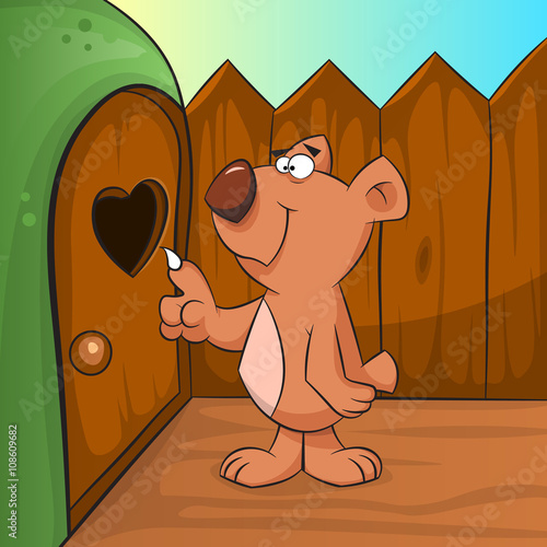Cute brown bear knocking into the den.
