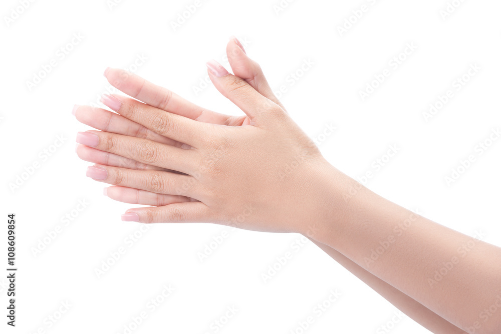 Gesture of a beautiful woman hand washing her hands isolated with clipping path