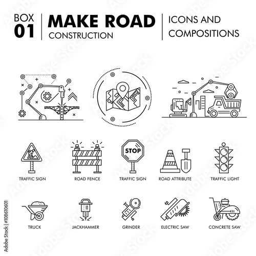 Modern compositions building road construction thin line block 