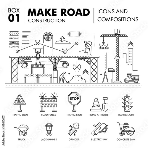 Modern compositions building road construction thin line block 