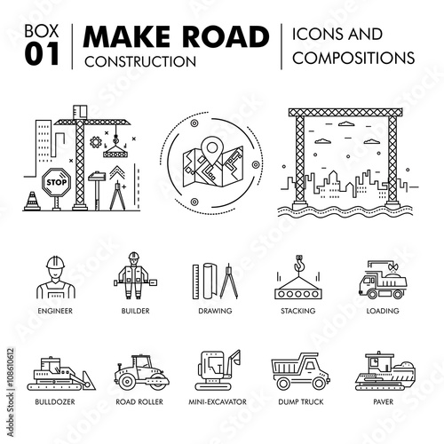 Modern compositions building road construction thin line block 