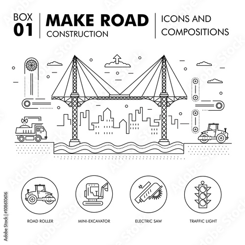Modern compositions building road construction thin line block 