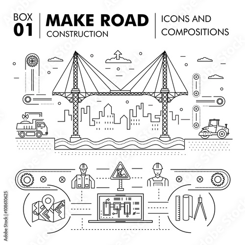 Modern compositions building road construction thin line block 