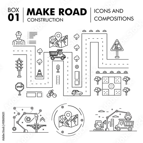 Modern compositions building road construction thin line block 