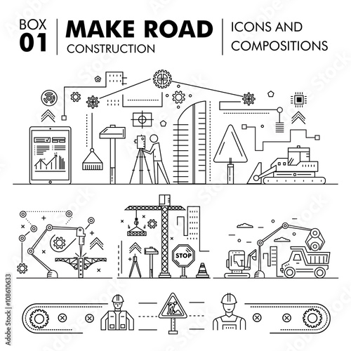 Modern compositions building road construction thin line block 