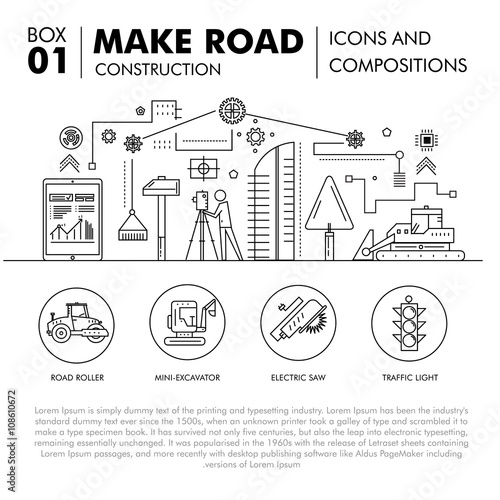 Modern compositions building road construction thin line block 