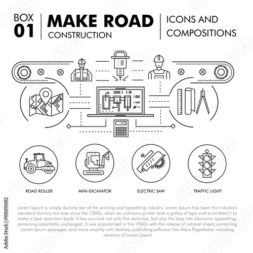 Modern compositions building road construction thin line block 