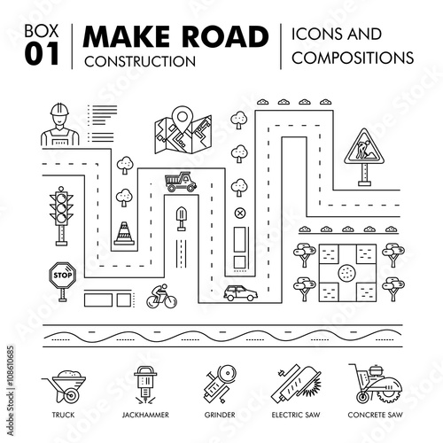 Modern compositions building road construction thin line block 