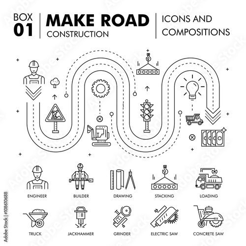 Modern compositions building road construction thin line block 
