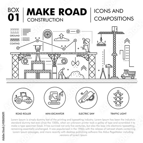 Modern compositions building road construction thin line block 