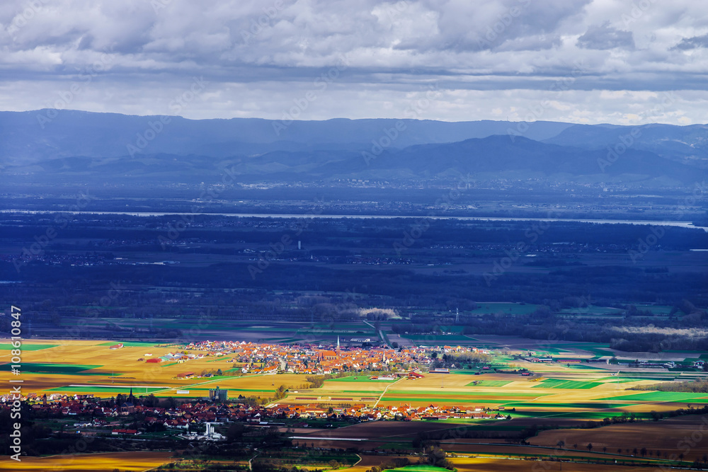 Panoramic overview to Alsace from abbey Mont Saint Odile. Spring Panoramic overview to Alsace from abbey Mont Saint Odile. Spring