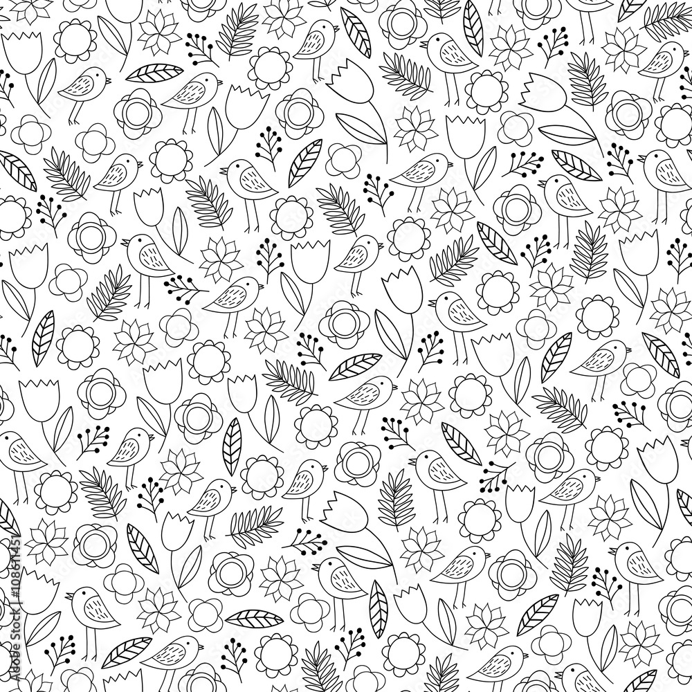 Seamless pattern with birds and flowers. Summer motif.